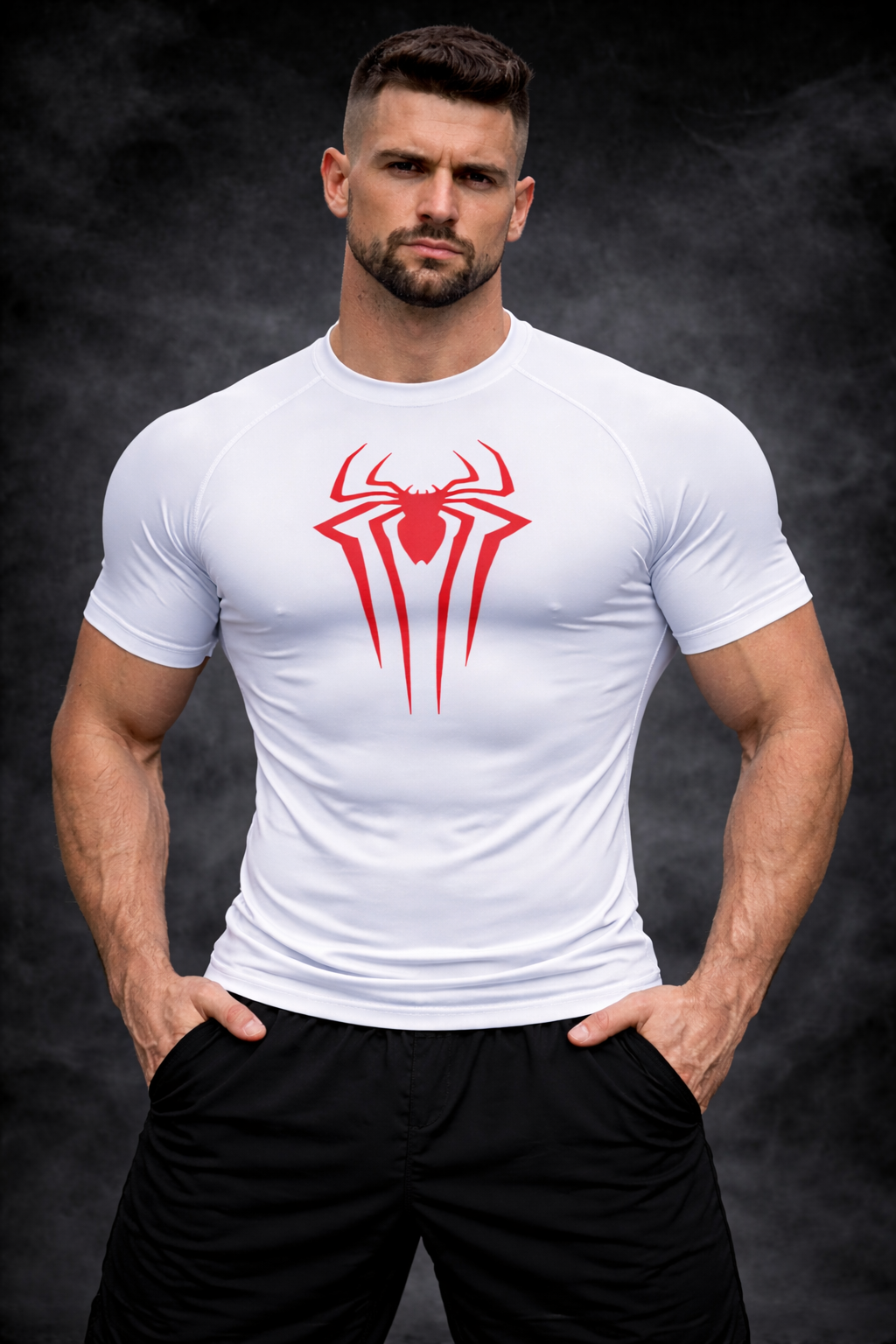 SPIDER RED WHITE T-SHIRT COMPRESSION SHORT SLEEVE